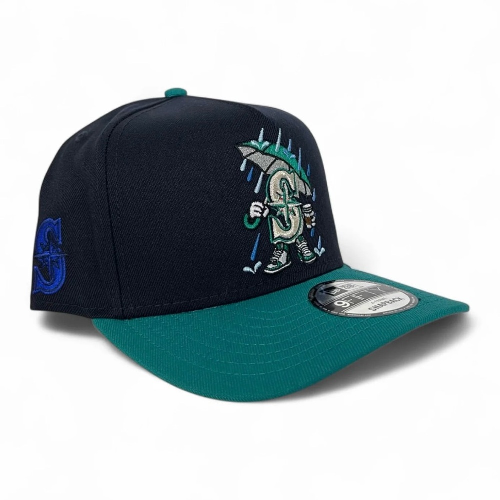 Navy Blue Seattle Mariners Teal Curved Cartoon New Era 9Fifty A- Frame Snapback - Picture 2 of 5